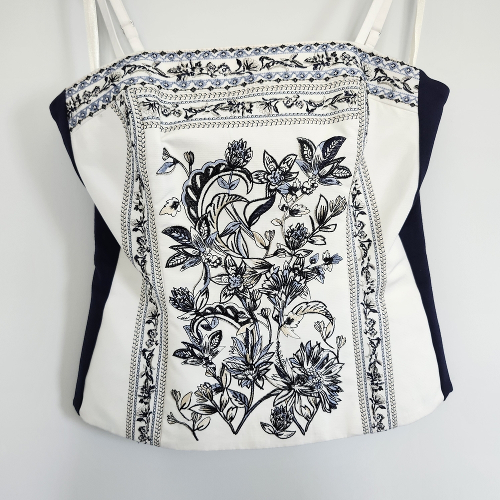 Corset Zip Up Blue White Embroidered Extra Small Size 0 Size 2 Strap Strapless